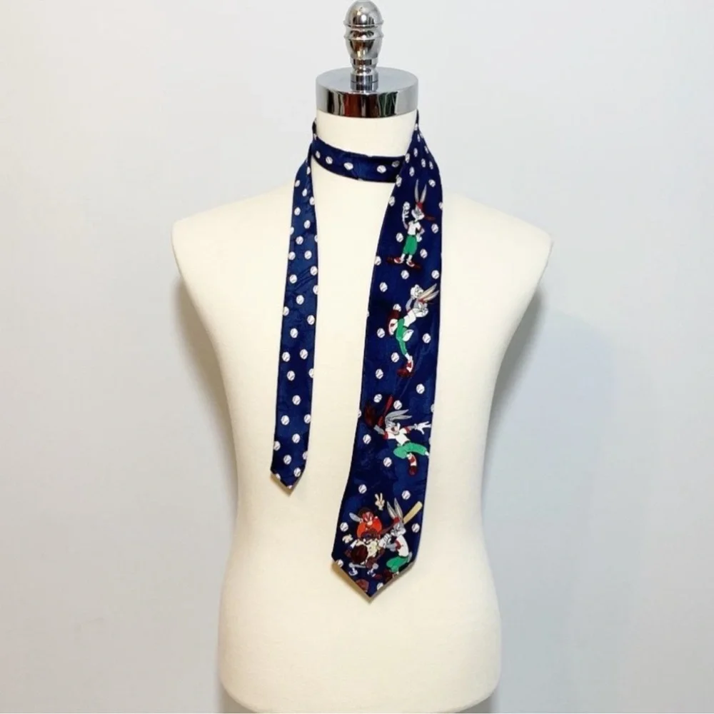 Vintage 1994 Looney Tunes Mania Blue Baseball Characters Printed Necktie
